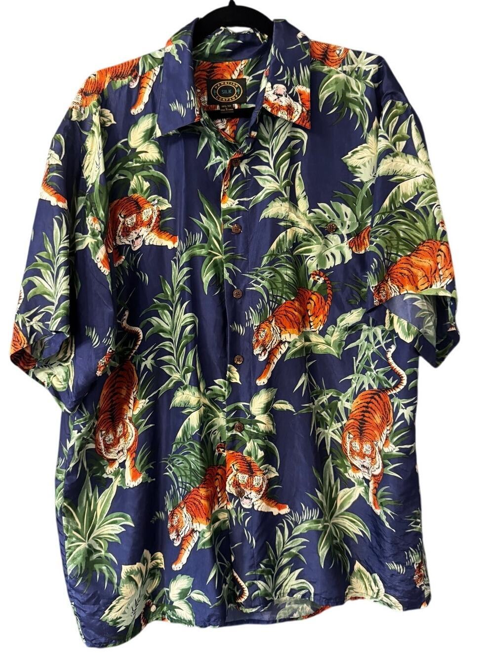 Hawaiian Company 100% Silk Tiger Jungle Hawaiian Camp Shirt Navy Blue Size L